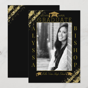 Black & Gold Glitter Photo Graduation Graduate Invitation