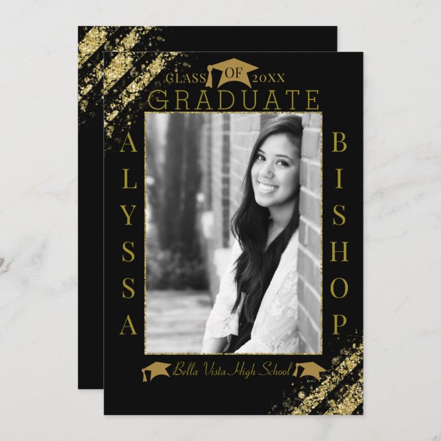 Black & Gold Glitter Photo Graduation Graduate Invitation (Front/Back)