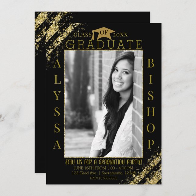 Black Gold Glitter Photo Graduation Graduate Party Invitation (Front/Back)