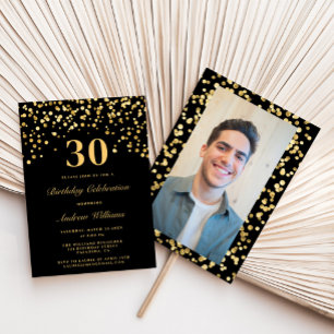Black & Gold Glitter Photo Thirty 30th Birthday Invitation