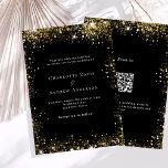 Black gold glitter QR code RSVP details wedding Invitation<br><div class="desc">A modern,  elegant wedding invitation.  Black background decorated with faux gold glitter sparkles. Personalise and add your names and wedding details. White coloured letters.
Back: add your link/url to your wedding website for information and/or RSVP</div>