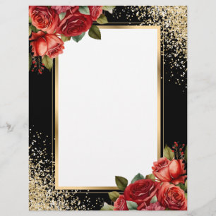 Black Gold Glitter Red Roses Custom Letterhead