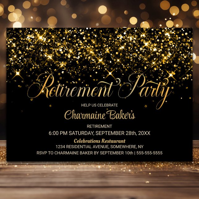 Black Gold Glitter Retirement Party Invitation (Creator Uploaded)