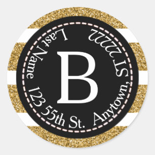 Black & Gold Glitter Return Address Classic Round Sticker