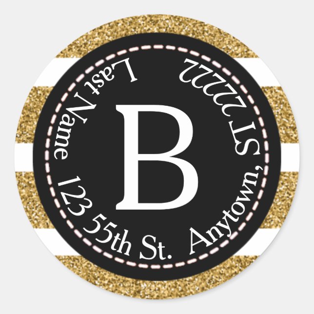 Black & Gold Glitter Return Address Classic Round Sticker (Front)