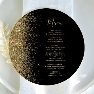Black Gold Glitter Round Wedding Menu