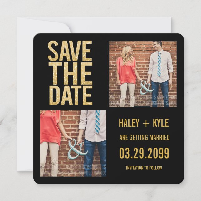 Black & Gold Glitter Save the Date Photo Cards (Front)