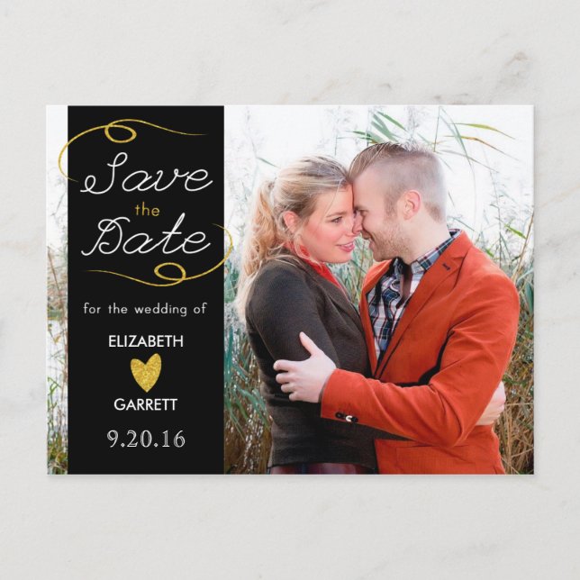 Black / Gold Glitter Save the Date Photo Postcard (Front)