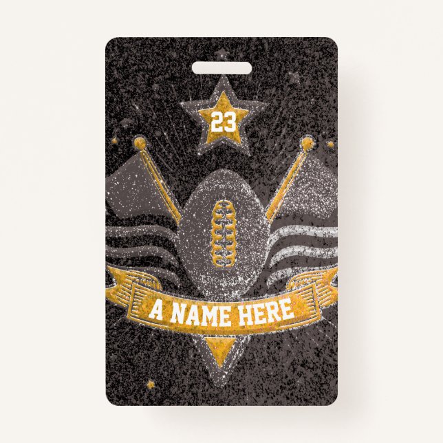 Black & Gold Glitter School Football Team Sports ID Badge (Front)
