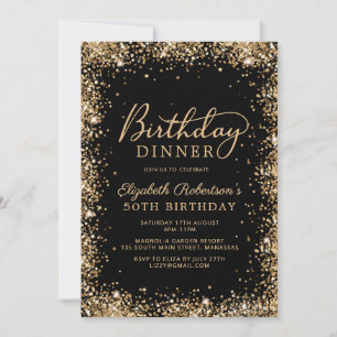 Black Gold Glitter Script 50th Birthday Dinner Invitation