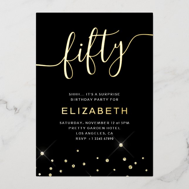 Black & Gold Glitter Script 50th Birthday Party (Front)