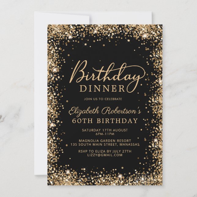 Black Gold Glitter Script 60th Birthday Dinner Invitation (Front)