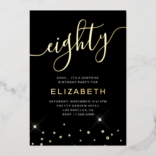 Black & Gold Glitter Script 80th Birthday Party (Front)