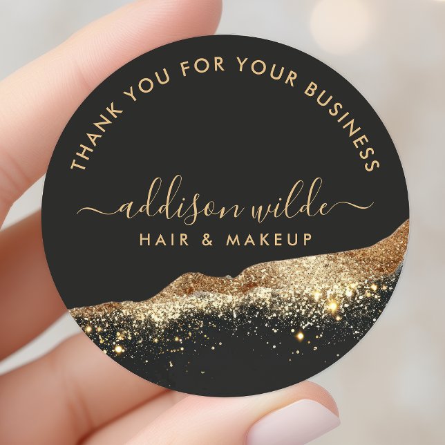 Black Gold Glitter Script Business Thank You Classic Round Sticker (Creator Uploaded)