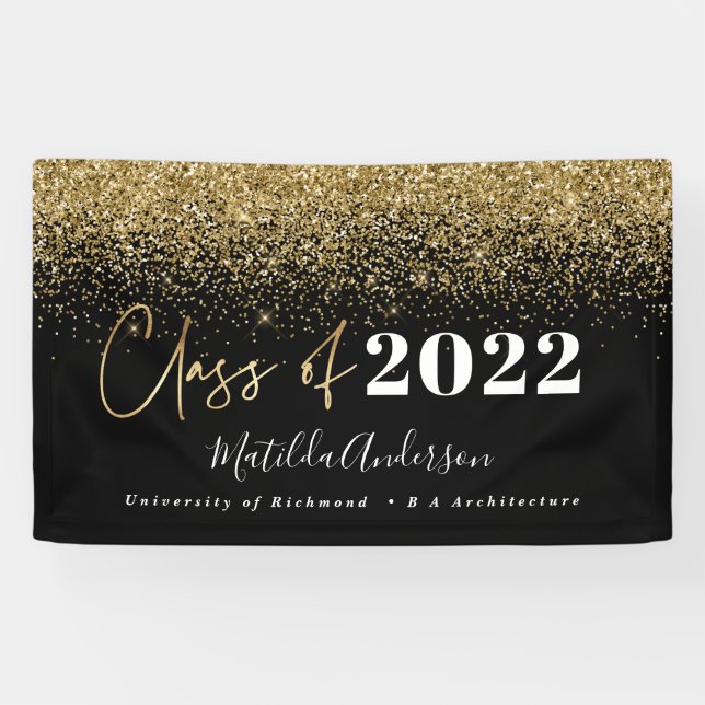 black gold glitter script class of graduation  banner (Horizontal)