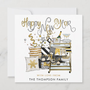  Black Gold Glitter Script Happy New Year Card