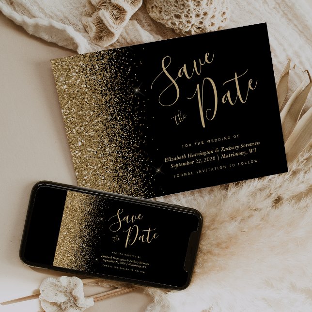 Black Gold Glitter Script Save the Date Invitation (Creator Uploaded)