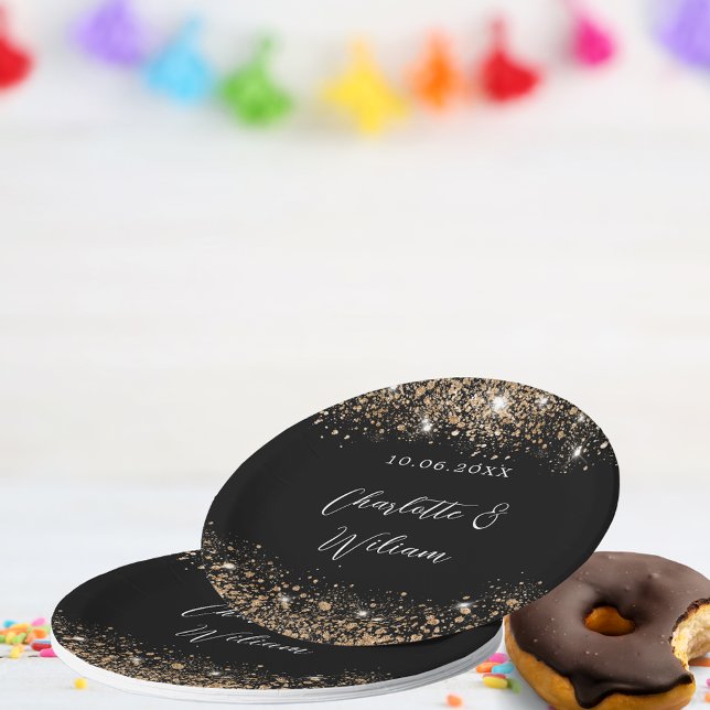 Black gold glitter script wedding paper plate (Creator Uploaded)