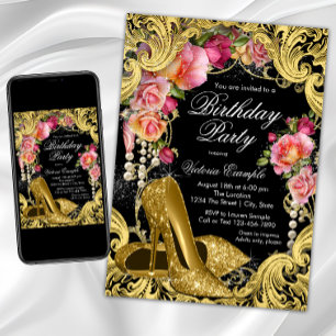 Black Gold Glitter Shoes Birthday Party Invitation