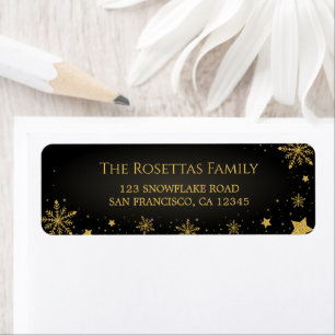 Black & Gold Glitter Snowflake Winter Holiday Return Address Label