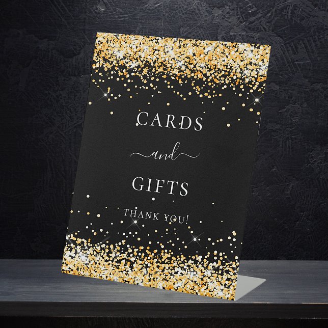 Black gold glitter sparkle cards gift pedestal sign (Creator Uploaded)