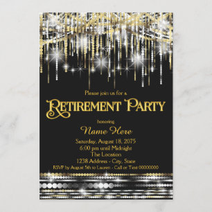 Black Gold Glitter Sparkle Lights Retirement Party Invitation