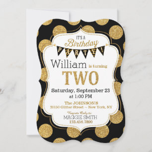 Black Gold Glitter Sparkle Second Birthday Invite