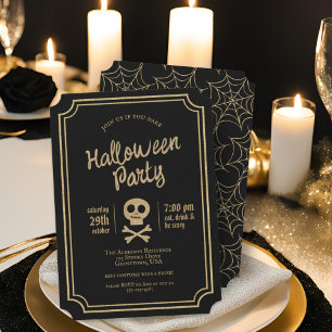 Black & Gold Glitter Spiderweb Halloween Party Holiday Card