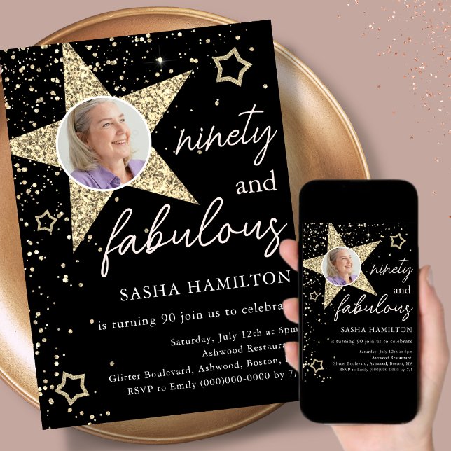 Black & Gold Glitter Star 90th Birthday  Invitation (Creator Uploaded)