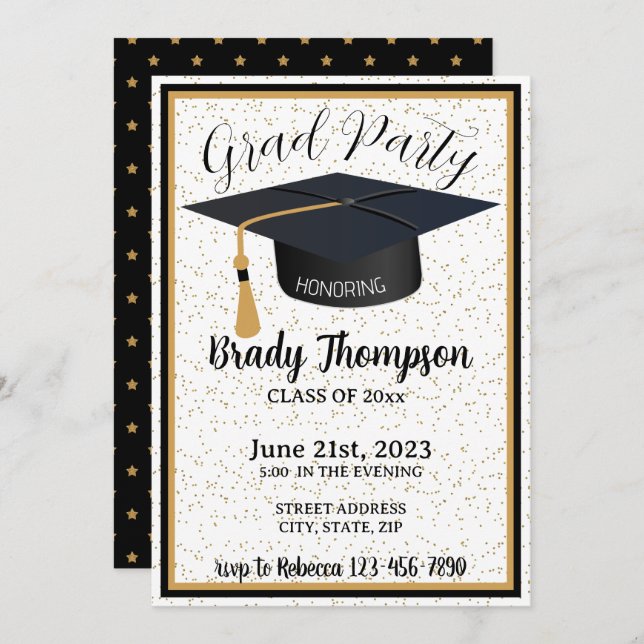 Black & Gold Glitter & Stars  2 Photo Grad Party Invitation (Front/Back)