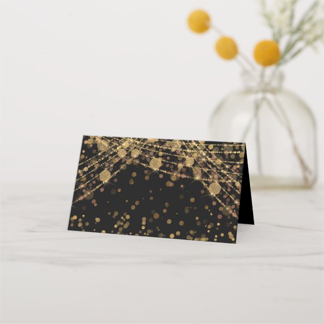 Black Gold Glitter String Lights Bokeh  Place Card (Front)