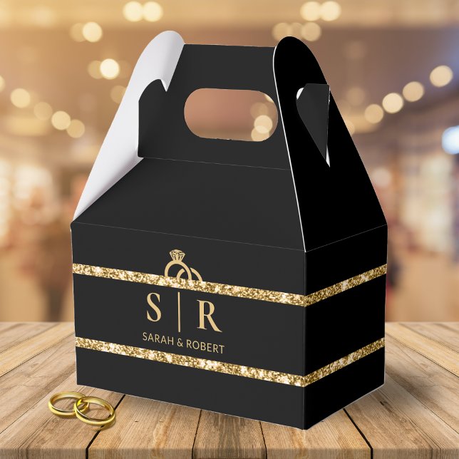 Black & Gold Glitter Strip Diamond Ring Wedding Favour Box (Black & Gold Glitter Strip Diamond Ring Wedding Favor Box)