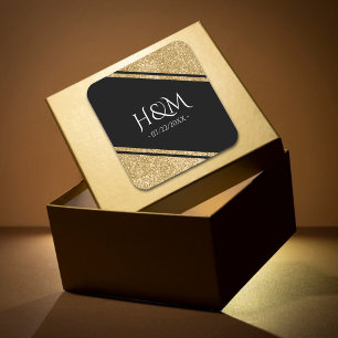 Black & Gold Glitter Stripe Wedding Favour Square Sticker