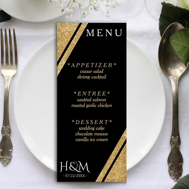 Black & Gold Glitter Stripe Wedding Reception Menu (Black & Gold Glitter Stripe Wedding Reception Menu)