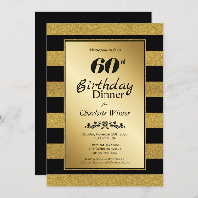 Black & Gold Glitter Striped 60th Birthday Dinner Invitation (Front/Back)