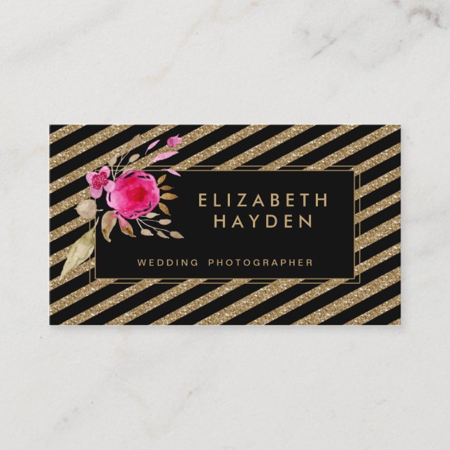 black gold glitter stripes Floral business card (Front)
