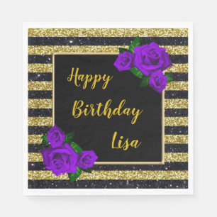 Black Gold Glitter Stripes Purple Roses Birthday Napkin