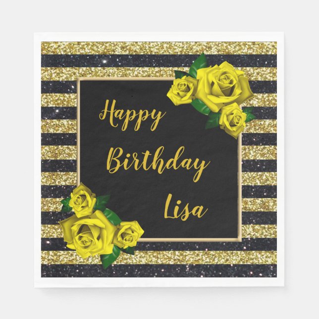Black Gold Glitter Stripes Yellow Roses Birthday Napkin (Front)