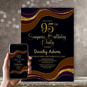 Black Gold Glitter Surprise 95th Birthday Party Invitation