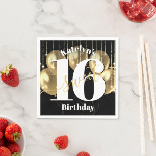 Black Gold Glitter Sweet 16 Birthday Balloons Bold Napkin
