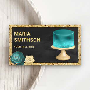Black Gold Glitter Teal Galaxy Cake Bakery Business Card