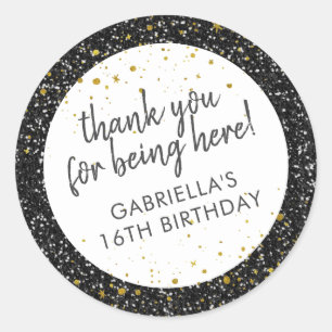 Black Gold Glitter Thank You Birthday Favour Classic Round Sticker