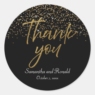 Black & Gold Glitter Thank You Wedding Classic Round Sticker