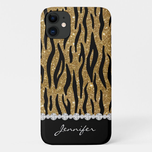 Black & Gold Glitter Tiger Print Diamonds W/Name Case-Mate iPhone Case (Back)