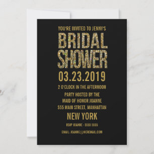 Black Gold Glitter Typography Bridal Shower Invite