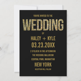 Black & Gold Glitter Typography Wedding Invitation