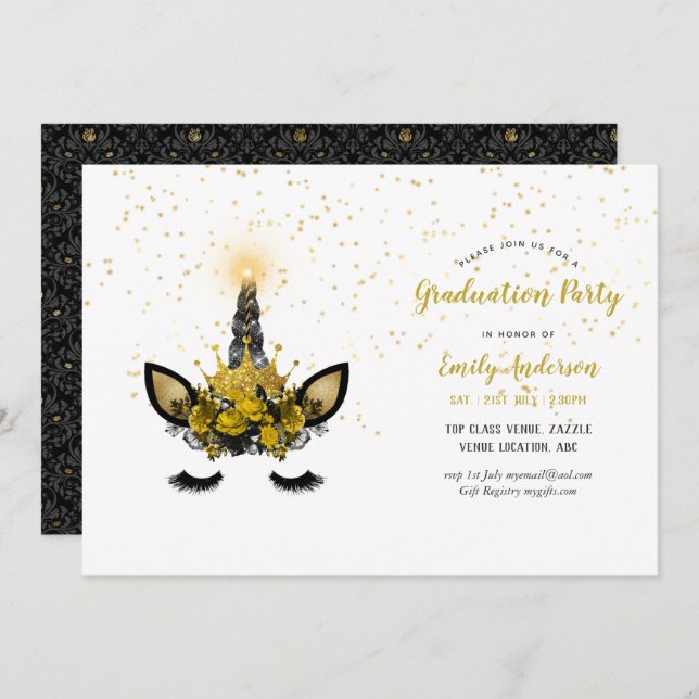 Black Gold Glitter Unicorn GRADUATION Girl Party Invitation (Front/Back)