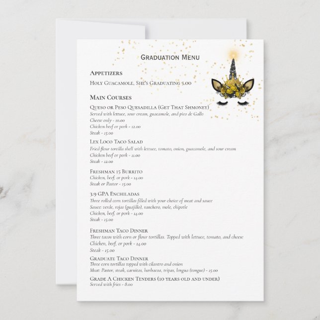 Black Gold Glitter Unicorn GRADUATION MENU Invitation (Front)