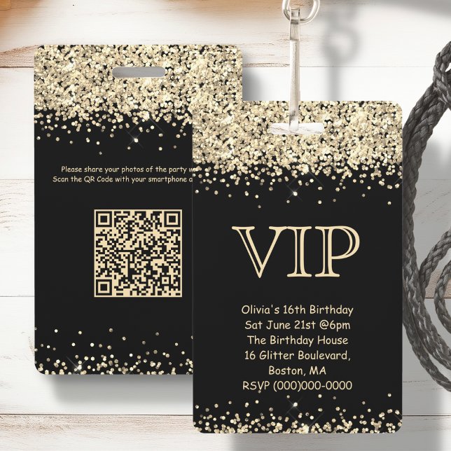 Black & Gold Glitter | VIP Birthday Invitation ID Badge (Creator Uploaded)