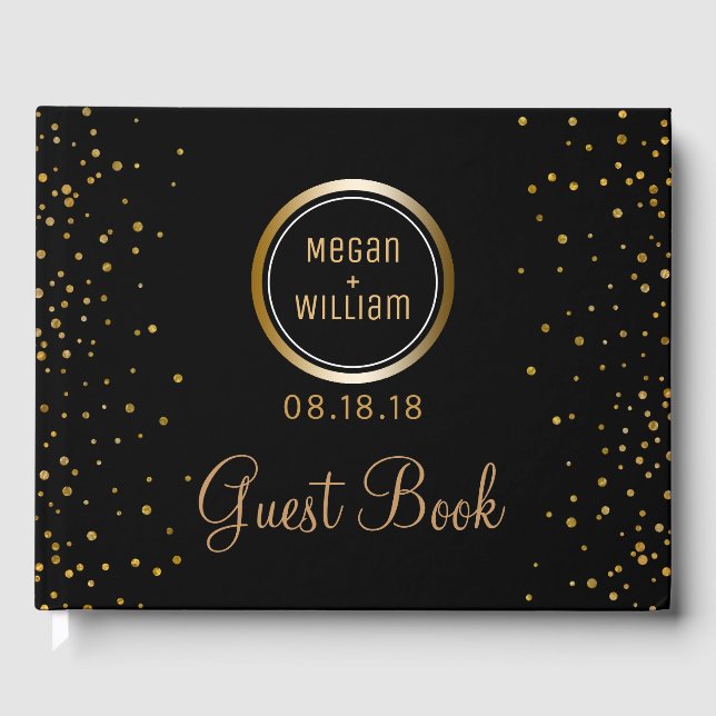 Black Gold Glitter Wedding | Custom Monogram Guest Book (Front)